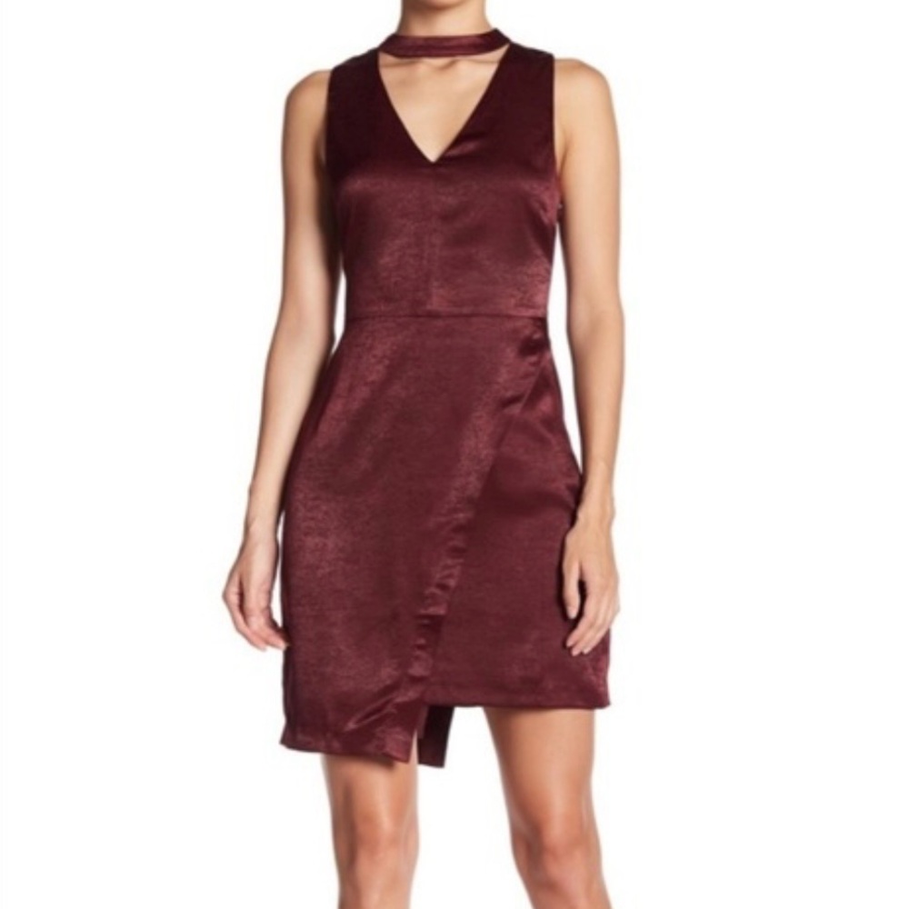 Burgundy Wine Asymmetrical Mini Dress with Choker Neck Cocktail Party Designer